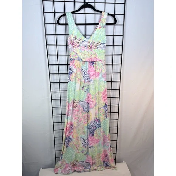 Lilly Pulitzer SLOANE MAXI DRESS Roar Of The Seas Womens XS Multi Floral Coral